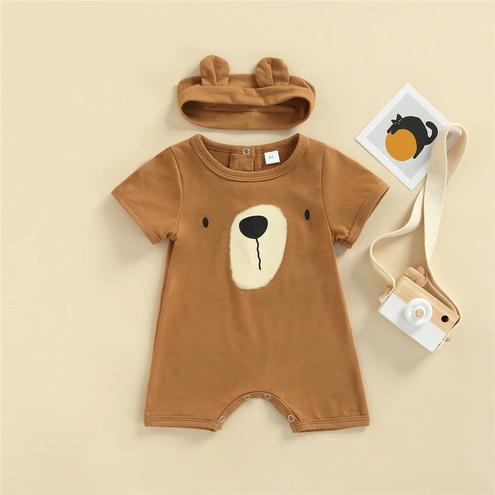 

2022 Summer Toddler Baby Boys Cute Cartoon Bear Rompers Short Sleeve Bodysuits And Headband Newborn Infant Cotton Clothes