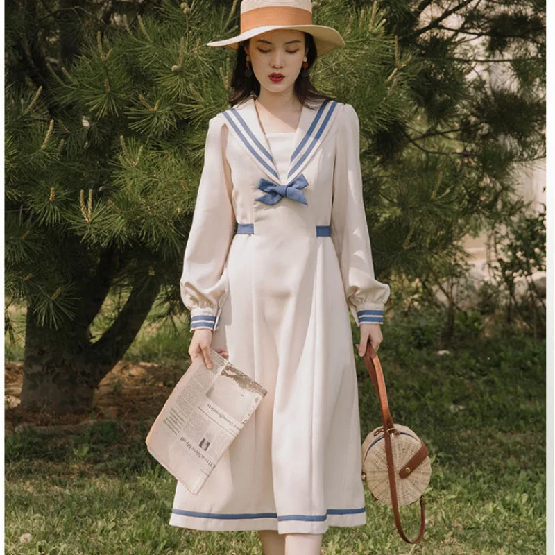 

Preppy Style Women Dress Sweet Sailor Collar Bow Vintage Dresses For Slim Lady Mori Girl Long Dresses Vestidos Autumn Spring