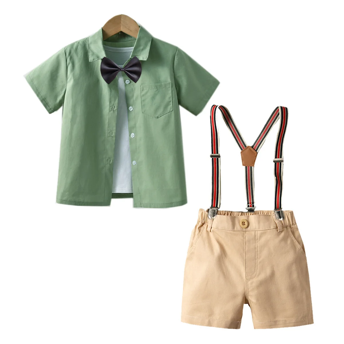 

Летняя зеленая рубашка с коротким рукавом для мальчиков, одежда для отдыха, мягкий хлопок для однотонного Топа + шорты, Детская Красивая пов...