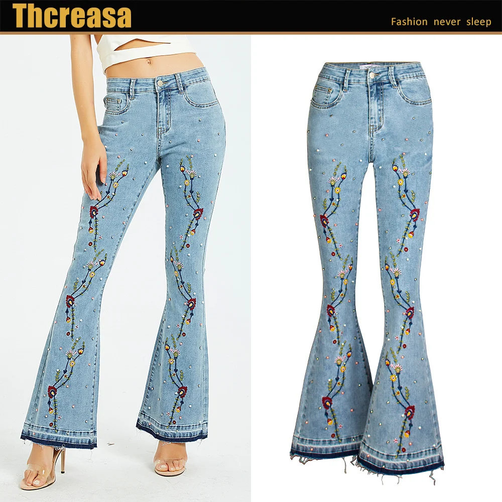 

2023 Women's Denim Wide Leg Pants Embroidered Trumpet Jeans Women's Pants