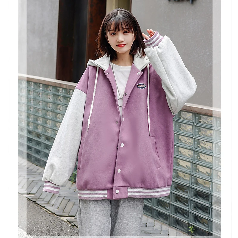 

Бейсбольная униформа, женская одежда, пальто с капюшоном, корейская мода, однобортная, со шнуровкой, с карманами, мешковатые зимние топы для девочек