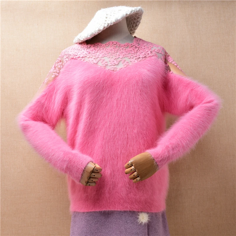 

04 Женская осенне-зимняя милая розовая пушистая норковая кашемировая вязаная кружевная облегающая блузка с круглым вырезом пуловер из ангоры джемпер свитер