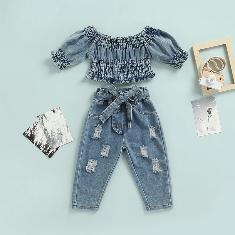 

Summer Girls Denim Set Pleated Off-Shoulder Lantern Short Sleeve Tops + High-waist Belt Design Ripped Trousers Outfit