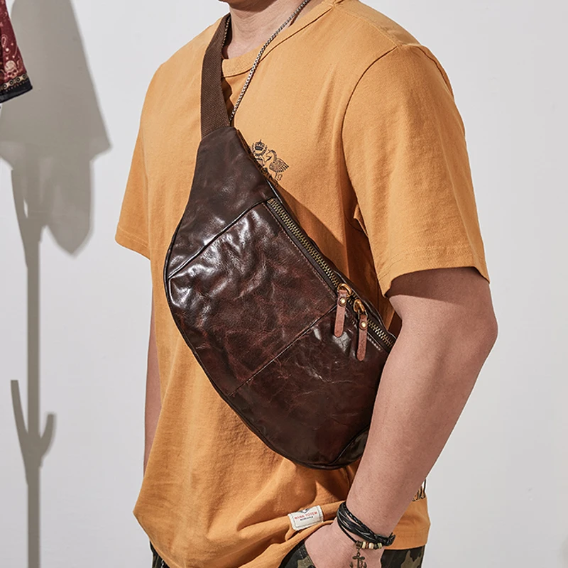 AETOO  Leather chest bag men's large-capacity oversized original retro cowhide waist bag men's soil multi-function messenger bag