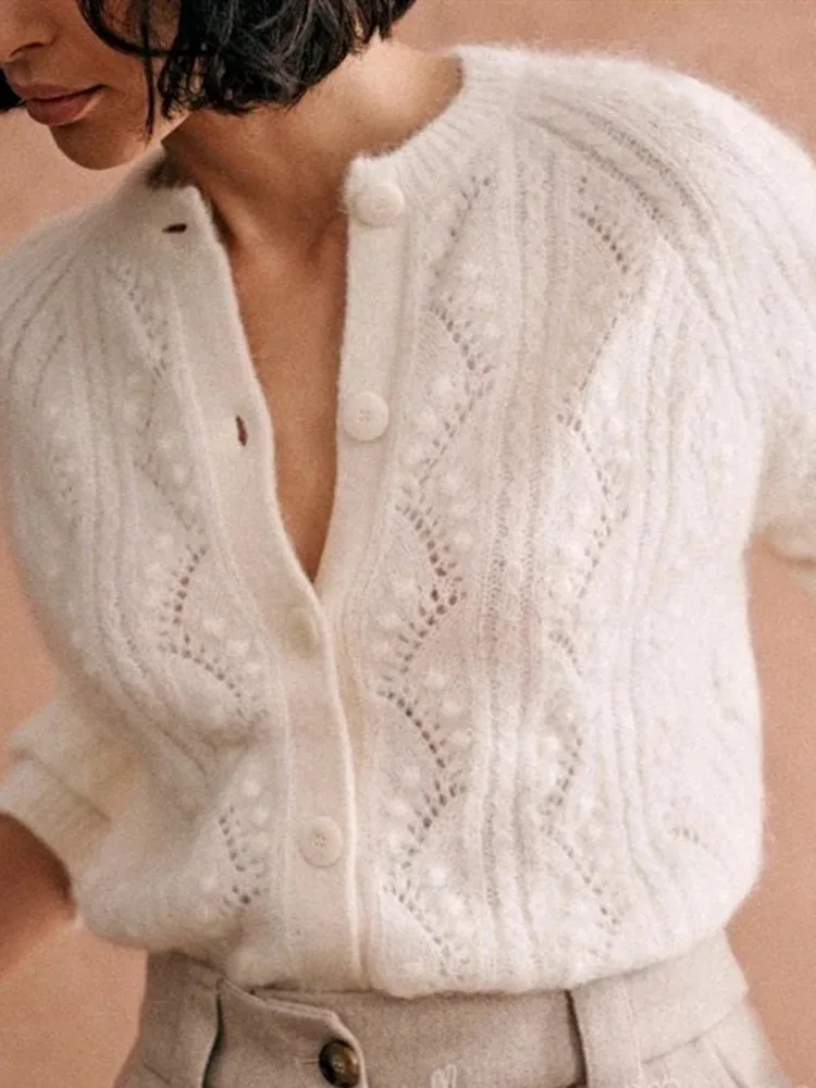 

Women O-Neck Mohair Blend Knit Sweater Lady Single-Breasted Hollow Out Crochet Knitwear Tops French Sweet