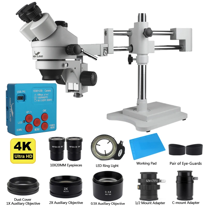 

4K 48MP HDMI USB Industrial Camera 3.5X-90X Double Boom Stand Zoom Simul Focal Trinocular Stereo Microscope For Phone PCB Repair