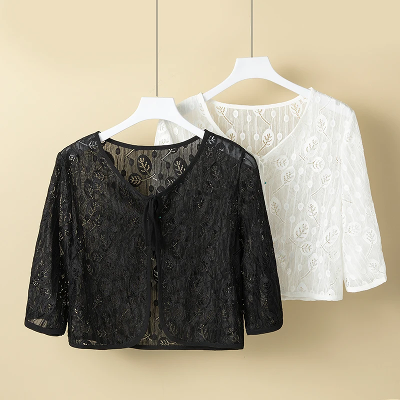 

Elegant Lace Bolero Women Smmmer Thin Shawl Cardigan Cloak Coat Women Open Top Blouse 2022 New Loose Vintage Black White Cape