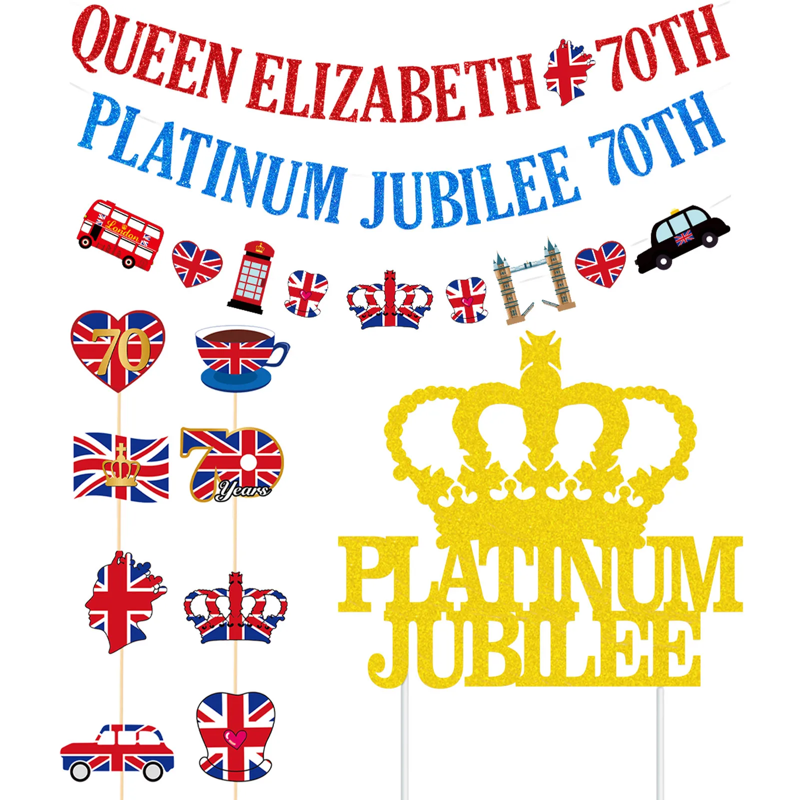 

12Pcs Queen Jubilee Cake Decorations 12Pcs Union Jack Crowns Cupcake Toppers Britain Queen's Platinums Jubilee Table Food Party
