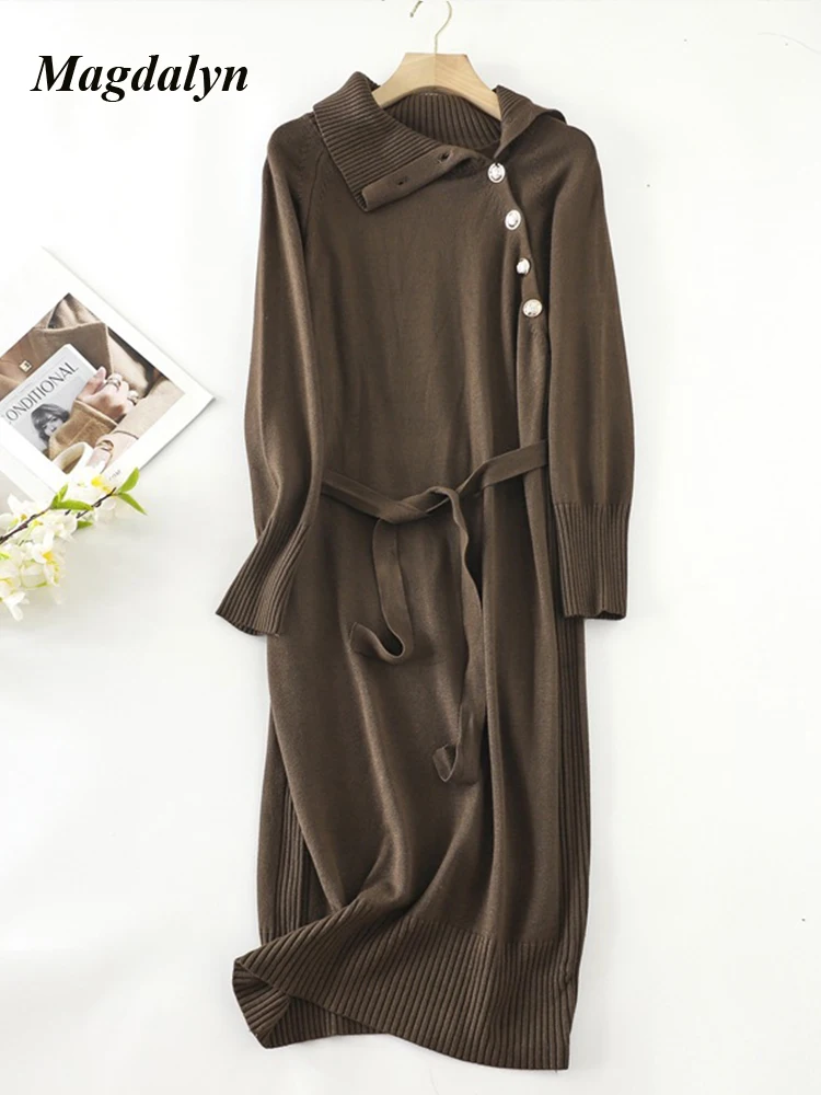 Magdalyn женское трикотажное осеннее длинное платье средней длины на пуговицах