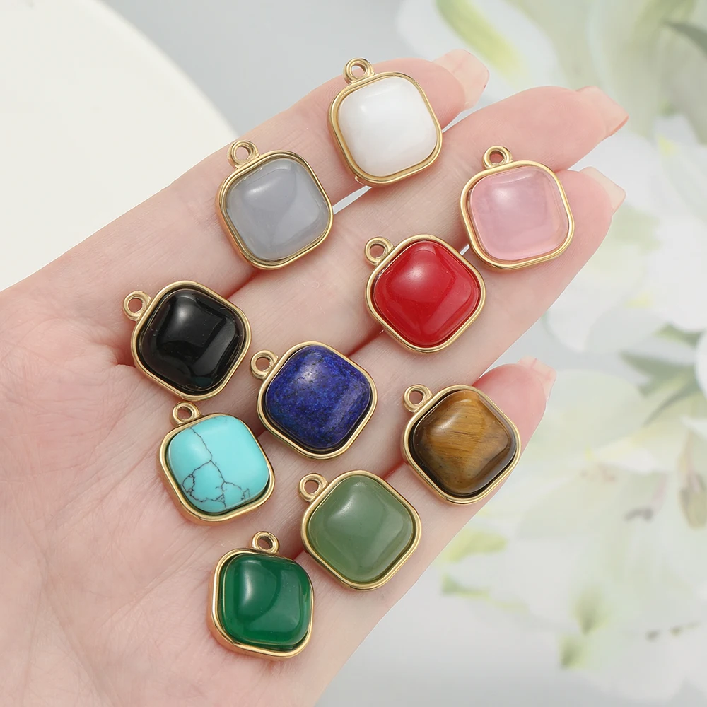 1 шт./упак. многоцветный натуральный камень из нержавеющей стали квадратный кулон