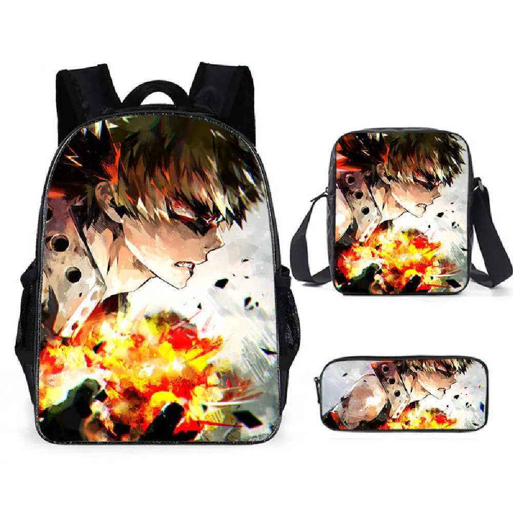

3D Anime My Hero Academia School Bag Elementary and Middle School Students Backpack Three-piece Messenger Bag Pencil Case