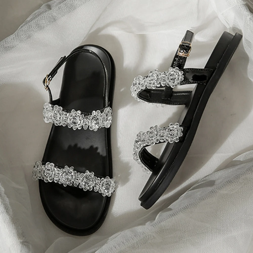 Sandals Women's 2022 Summer New Handmade Pearl Flower Crystal Sandals Flat Simple Buckle Student Soft Bottom Fairy Shoes
