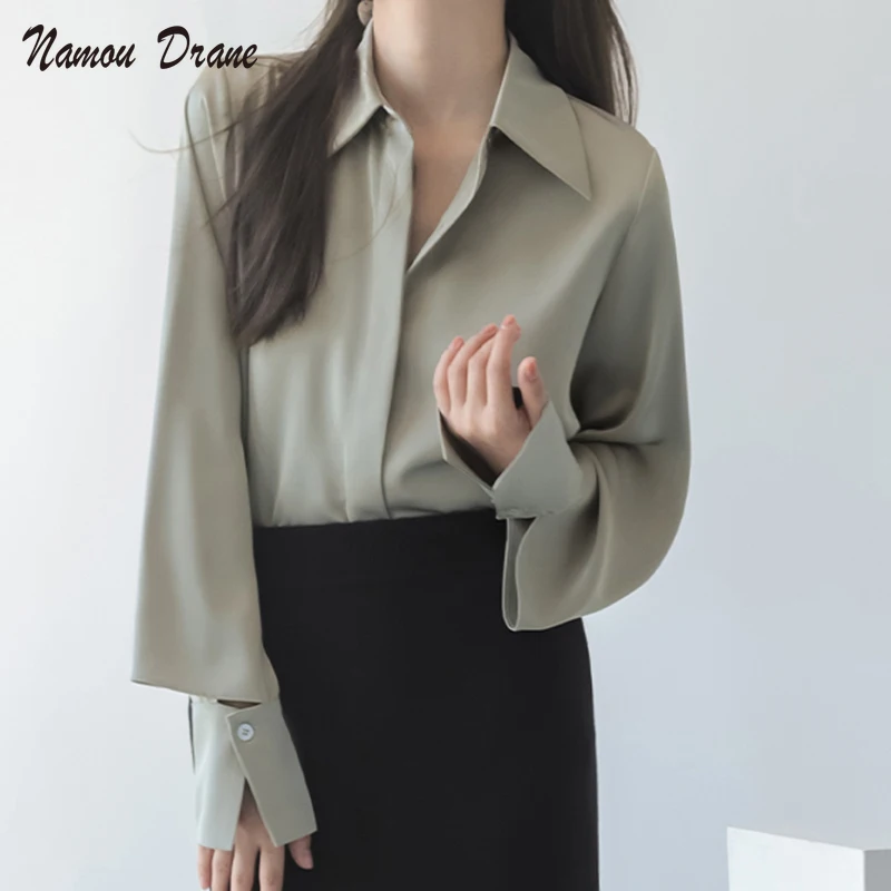 

Женские рубашки с отложным воротником Namou Drane, элегантная офисная одежда с длинным рукавом, однобортные свободные женские блузки, топы, весн...