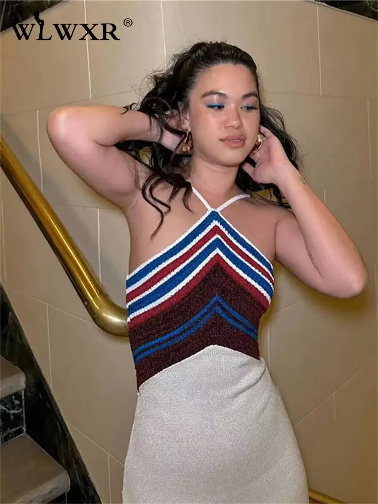 

WLWXR Summer In New Outfits For Women Fashion Backless Stripe Black Slim For Booty Dresses Patchwork Casual Vacation Sundress