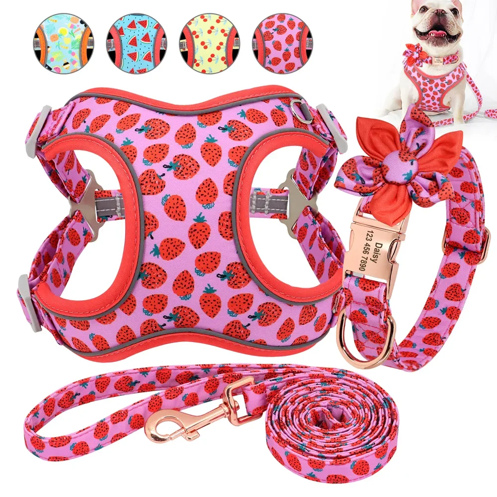 

Printed Dog Harness Customzied Dog Collar Nylon Dog Harness Collar Leash Personalized Dogs Collar ID Tag Pet Harnesses Vest