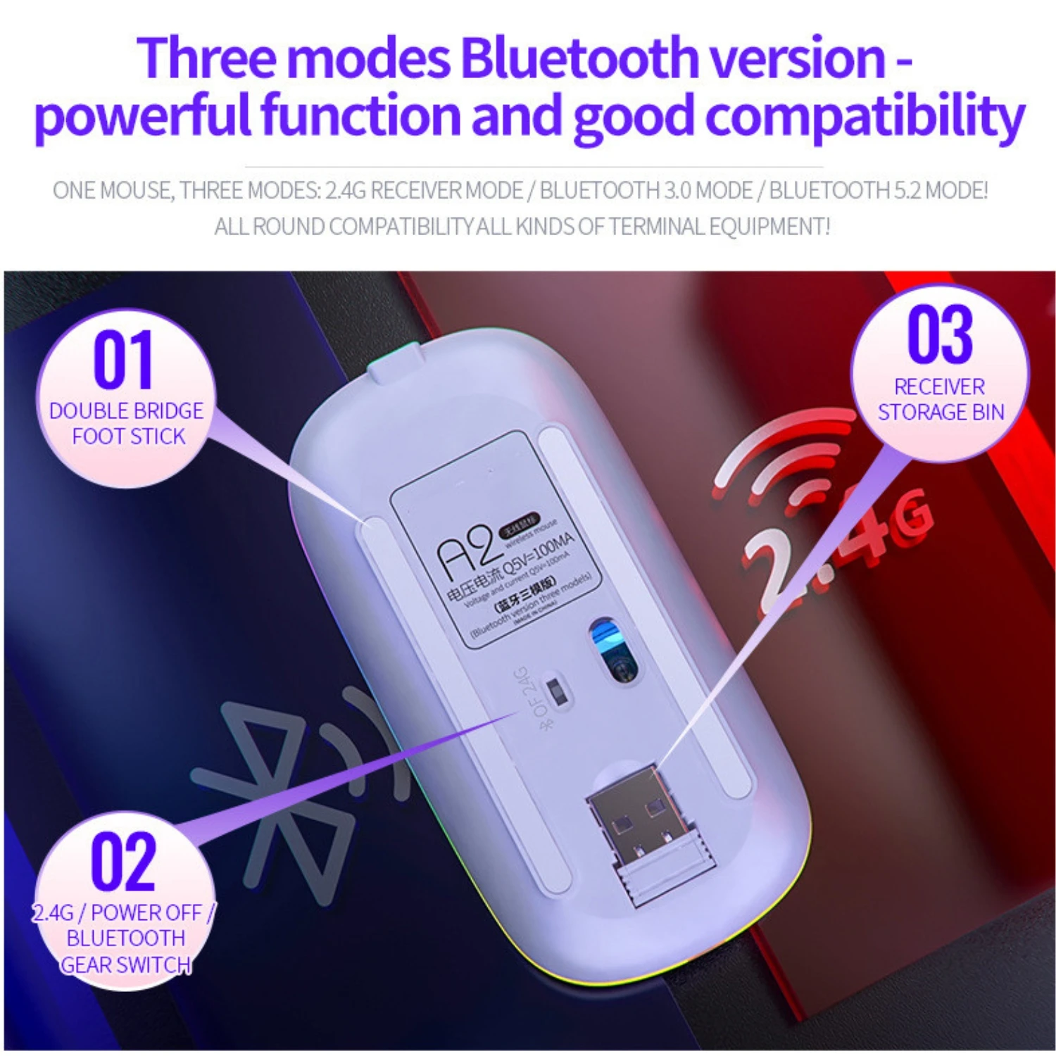 Bluetooth-мышь компьютерная аккумуляторная Бесшумная с RGB-светодиодами 2 4 ГГц |