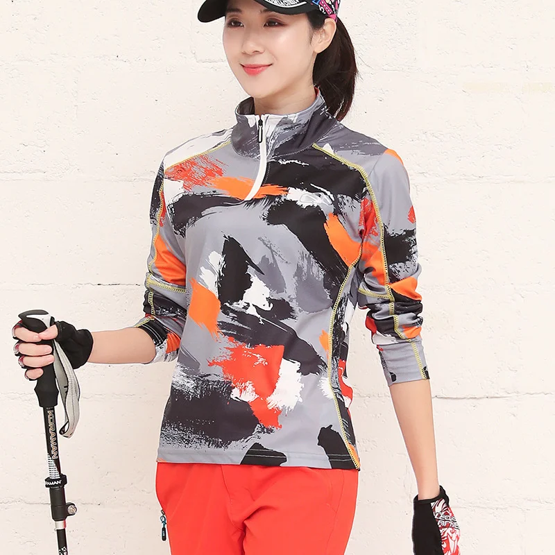 Summer Women long sleeve T-shirt Hiking Sports Casual Stand collar Spring outing travel Big camouflage color Multicolored tshirt