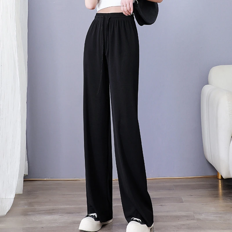 

Sumer Ice Silk Wide-Leg Pants Women Loose Leggings High Waist Mopping Pants For Office Lady Casual Drawstring Long Trousers