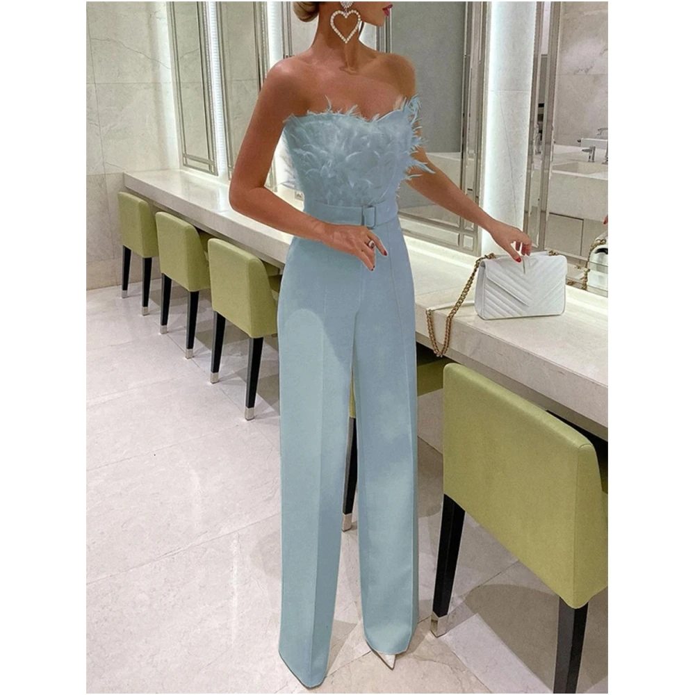 Elegant Jumpsuit Women Feather Belt Tube Top with Chest Pad Sexy Overall Soft Cozy Spring Summer Autumn Fashion Streetwear Party