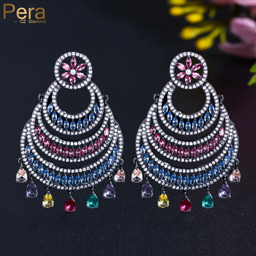 

Pera Overpowering Ethnic Colorful CZ Stone Long Big Statement Circle Tassel Drop Earrings Tibetan Wedding Jewelry for Women E912