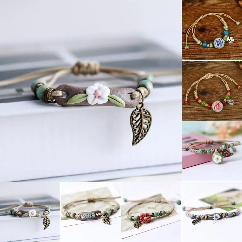 

Women Bracelet Handmade Braided Woven Ceramic Beads Hollow Leaf Ethnic Style Gift Adjustable Flower Charm Students Bracelet Rope