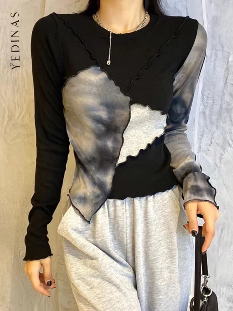 

Yedinas Streetwear Tie Dye O Neck T Shirt Women Clothes 2022 Autumn Spring Long Sleeve Ladies Tops Korean Y2k Vintage T-shirt