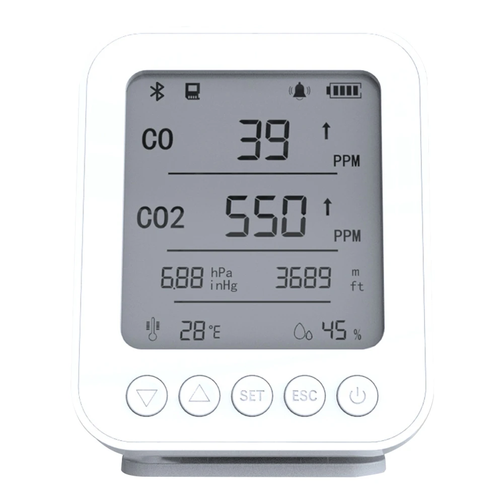 

6 IN 1 Air Quality Monitor LCD Digital Gas Detector Vehicle CO CO2 Air Pressure Altitude Temp Humidity Time Monitoring