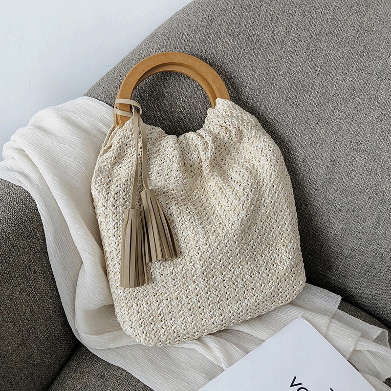 Summer straw bag for women 2023 small Woven Handmade Handbag Lady Tote Vacation Beach Bag shoulder bag Ring pocket Shopping bag