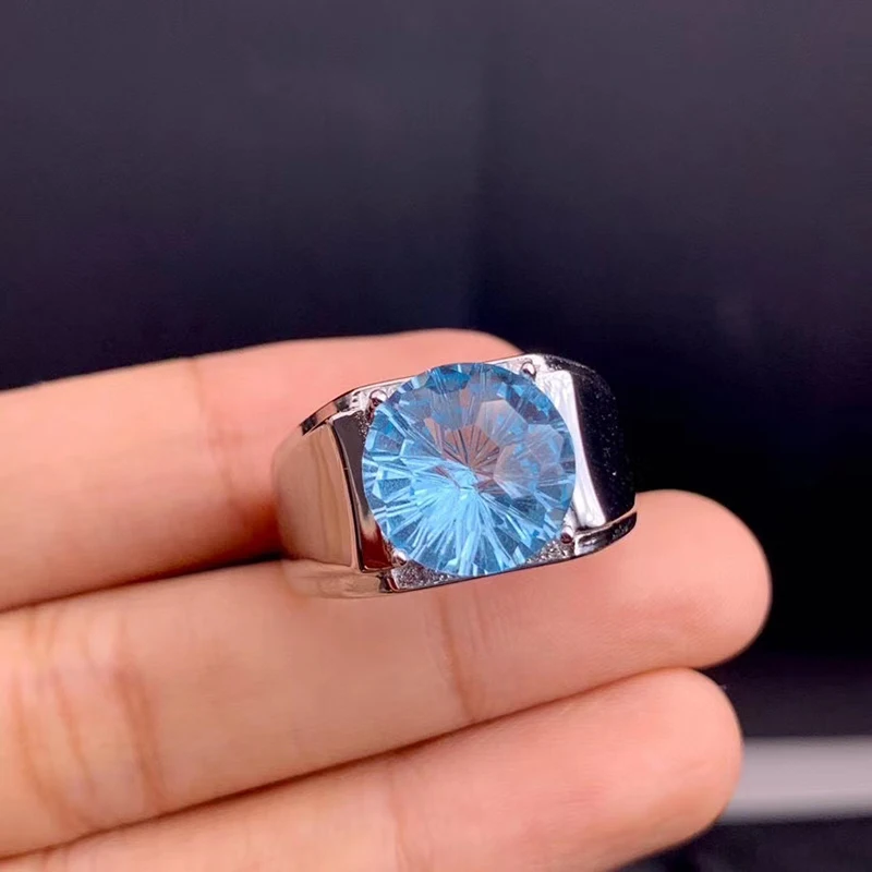 Natural Topaz Ring Blue Men's Party Big Stone Fine Jewelry High Quality S925 Silver Backed Test