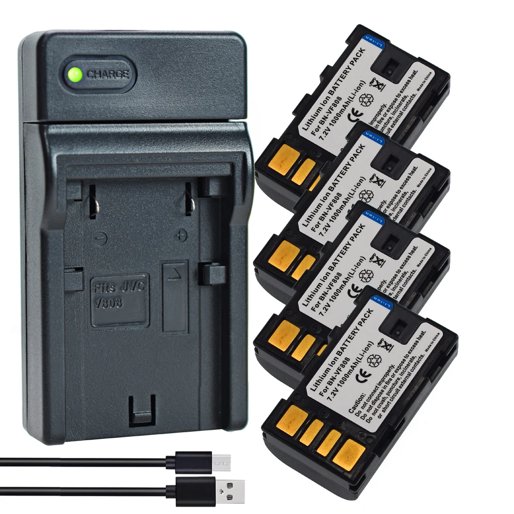 Фото 4 шт. BN-VF808 BN-VF808U BNVF808 аккумулятор + тонкое зарядное устройство для JVC Everio GZ-MS100 GZ-MS100U GZ-HD7U GZ-HD6 №1