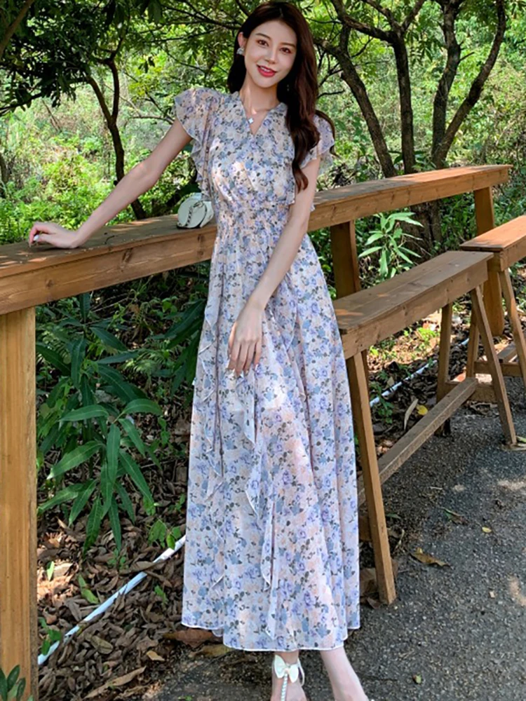 Женское шифоновое платье с оборками повседневное Длинное Элегантное в стиле