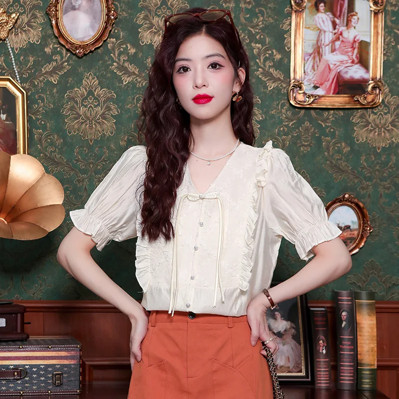 Летняя модная Новая женская блузка с коротким рукавом и V-образным вырезом