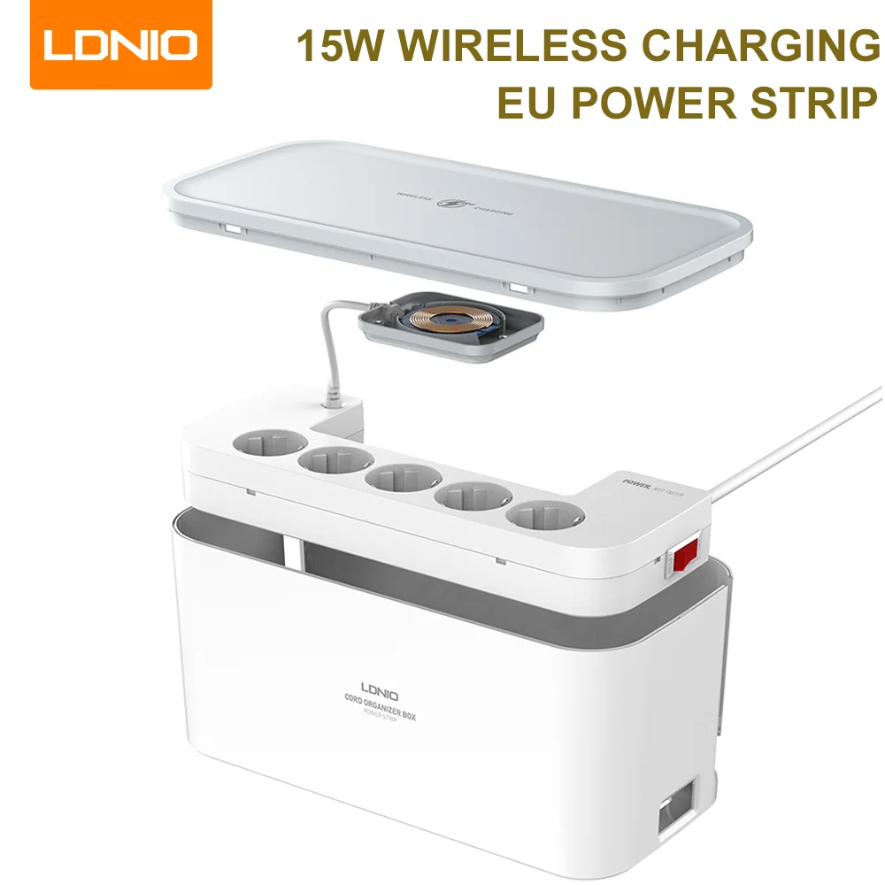 

LDNIO EU Power Strip With Box 15W Wireless Charger Station 5 AC 3 USB Outlet 2M Extension Cord Electrical Socket Network Filter