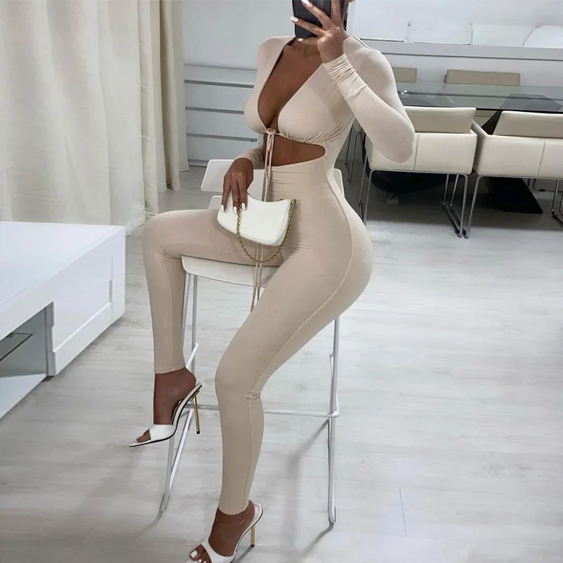 

USA cross-border women's clothing 2023 summer new solid color sexy lace-up openwork long-sleeved tight jumpsuit