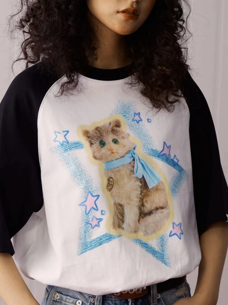 

ADAgirl Patchwork Cat Print T Shirt Women Cartoon Contrast Color Half Sleeve Tees Fashion Harajuku Kawaii Cutecore Female Tops
