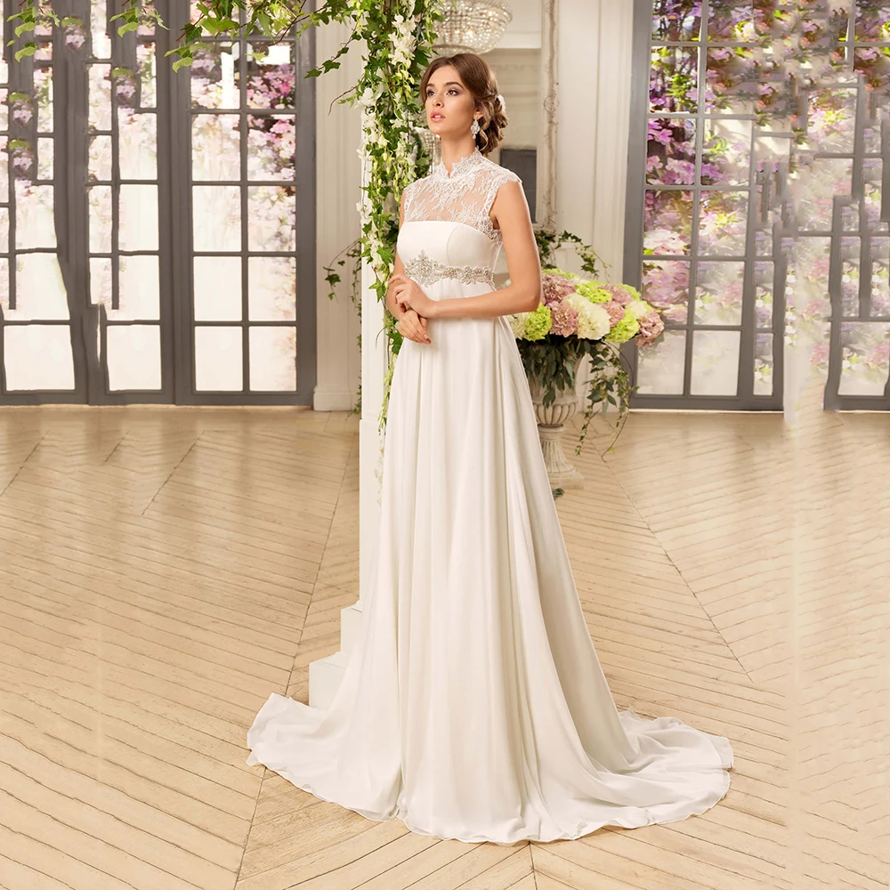 

UZN Ivory Empire Chiffon Wedding Dress High Collar Lace Illusion Back Wedding Dresses Buttons Bridal Gowns 2023 Robes De Mariée