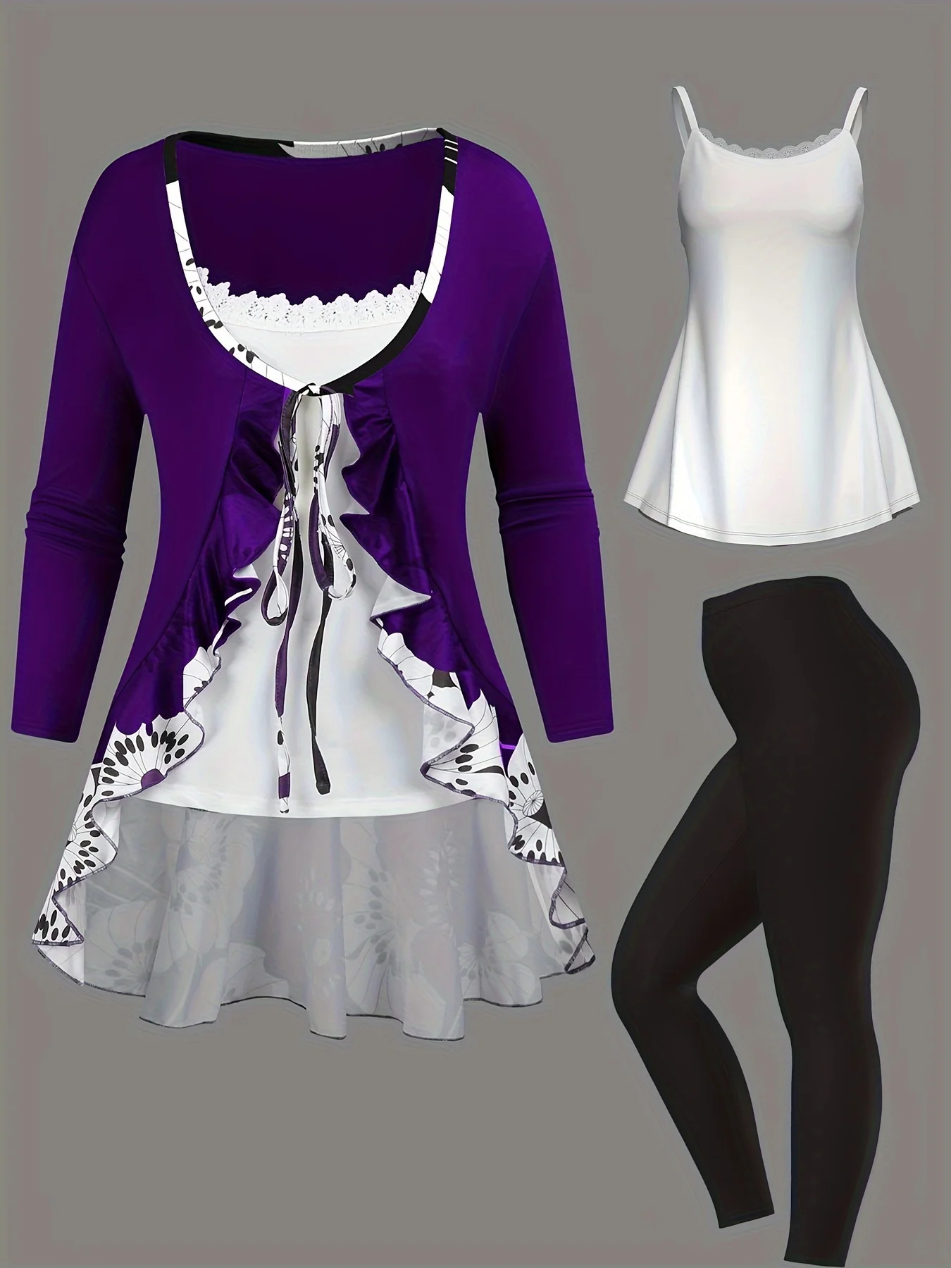 Женский комплект из трех предметов с рюшами по бокам больших размеров костюм в