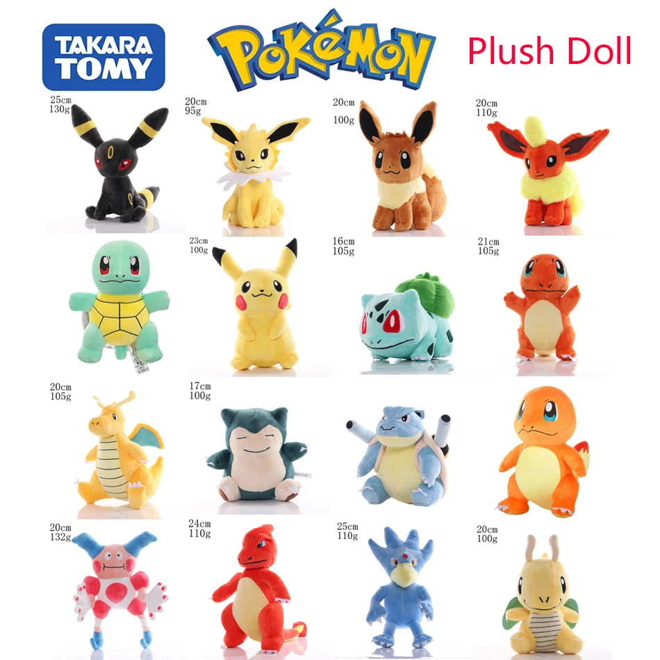 

New Pikachu Bulbasaur Charmander Squirtle Pokemon Plush Doll Stuffed Toy Psyduck Eevee Snorlax Gengar Jigglypuff Gifts