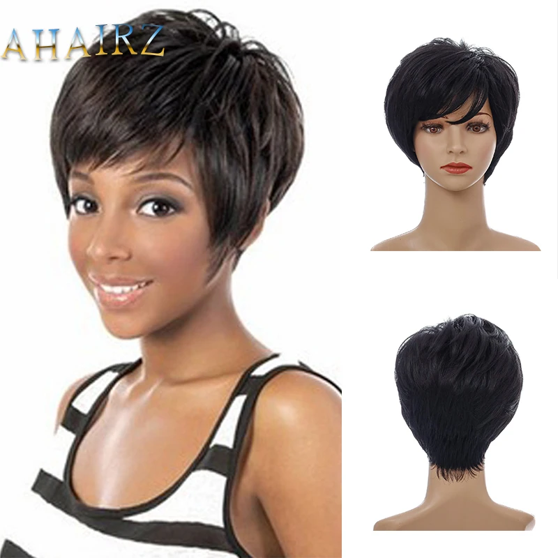 

25cm Black Straight Synthetic Hair Wigs Fake Hair Short Synthetic Wigs With Side Swept Bangs Black Natural Wigs