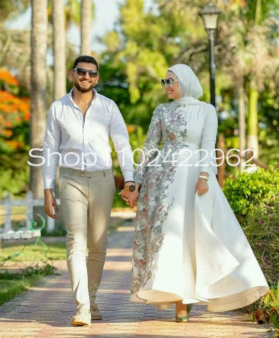 

Hijab Henna Muslim Ankle-length Wedding Dresses Long Sleeve Lace Floral Embroidery High Neck Arabic Bridal Outfit Gown