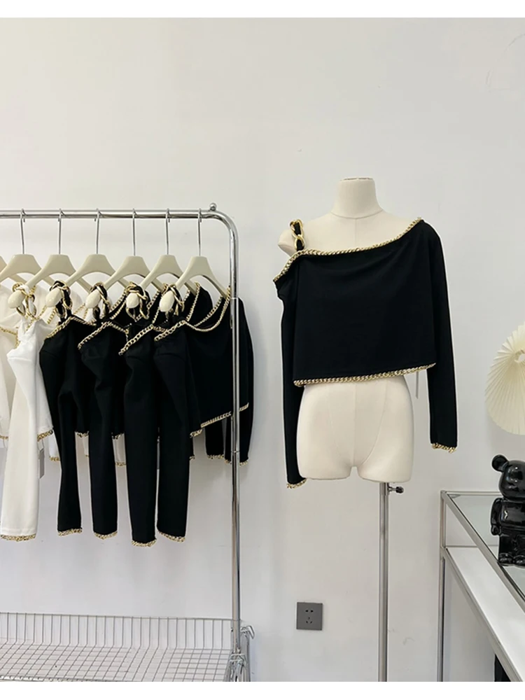 

Women Summer Autumn Skew Collar Off Shoulder Suspender Crop Top Baggy Long Sleeve Chain Decoration Design Trendy Short Blouses