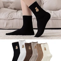 5 pairsset kawaii solid color womens socks cute animal pattern bear embroidery thin cotton socks casual girl sweet ankle socks
