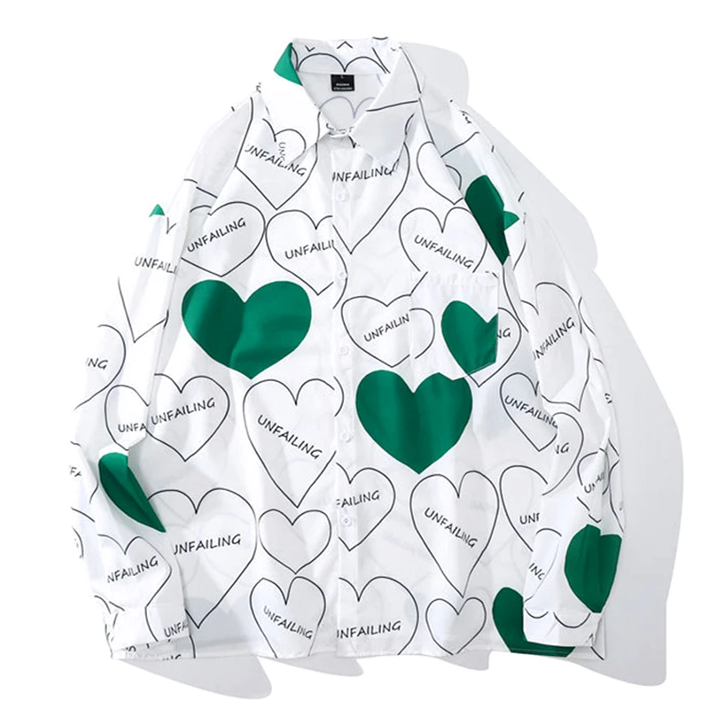 

Рубашка с длинным рукавом для мужчин и женщин, офисная блузка с принтом сердечек, на пуговицах, корейский стиль, контрастные цвета, весна-лето