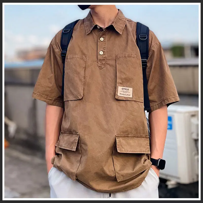 

Рубашка-поло мужская с коротким рукавом, лацканами, модная футболка с оборками, с несколькими карманами, красивая одежда, лето 2022