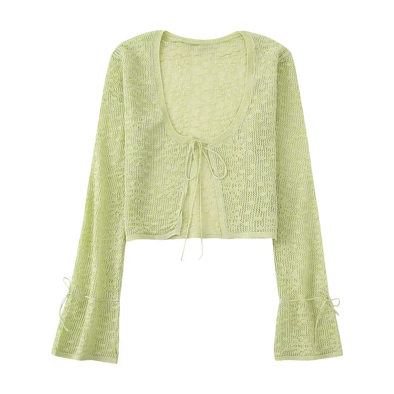 

Woman Sweet Green Loose Soft Crochet Cardigan 2023 Spring Female Casual Solid Lacing Short Knitwear Girls Cute Crop Cardigans