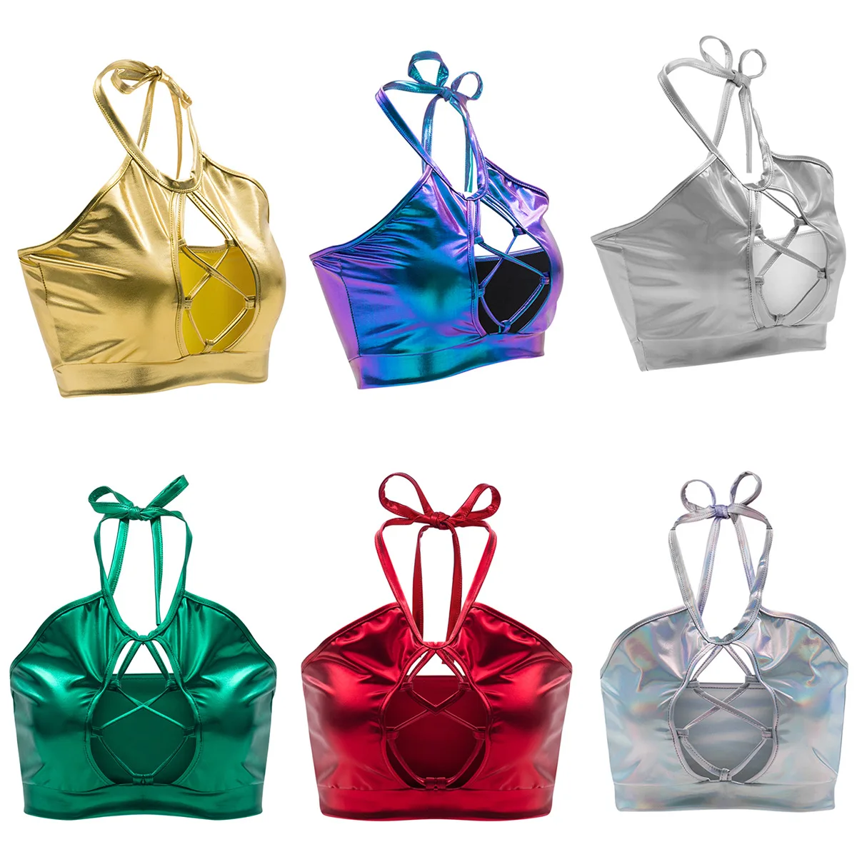 

Hot Sexy Metallic Crop Top Hollow Out Bandage Shiny Pole Dance Wear Rave Outfits Nightclub Tank Exotic Lacing Camisole Women