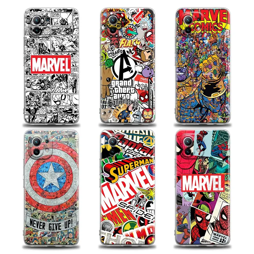

Marvel Comics Transparent Case For Xiaomi Mi 12 11 Lite 5G NE 12X 13 11T 12T Pro 9T 10 For Poco X3 Pro NFC F3 M5s Cover Avengers