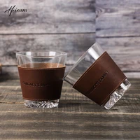 retro crazy horse leather cup holder cups sleeve genuine leather non slip wraps for glass cup sleeve crystal whisky glasses set
