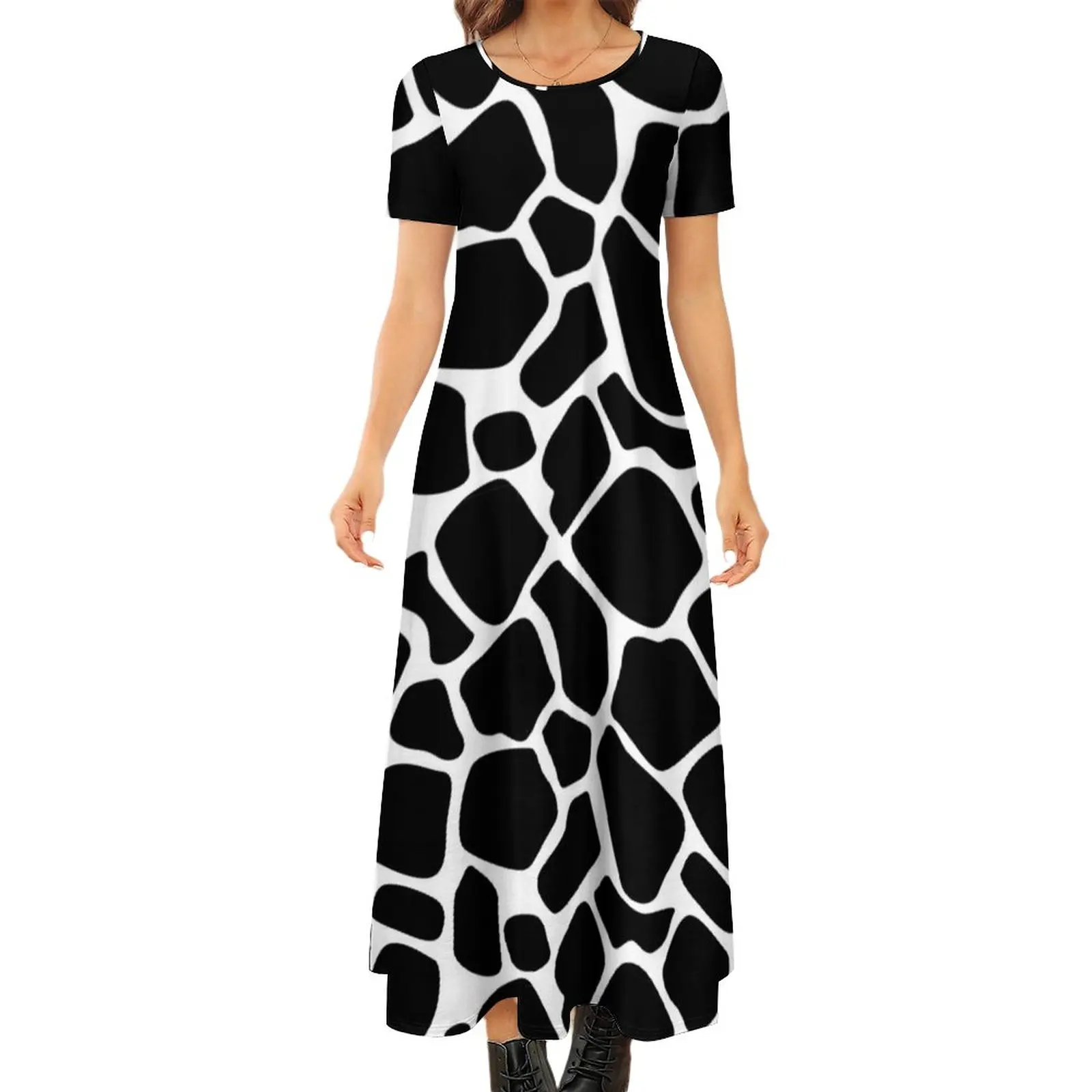 

Black And White Cow Print Dress Spring Trendy Pattern Spots Bohemia Long Dresses Woman Short Sleeve Pattern Cute Maxi Dress