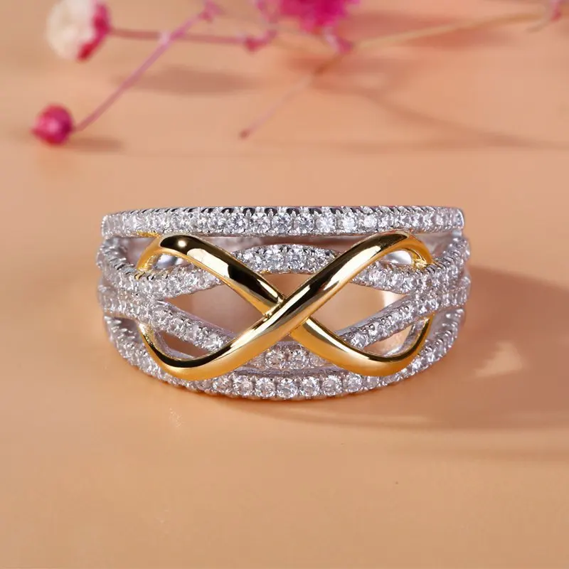 

Simple Trenty Style Fashion Two Tone Color Round Zirconia Bowknot Copper Ring for Women Wedding Engagement Jewelry Accessories